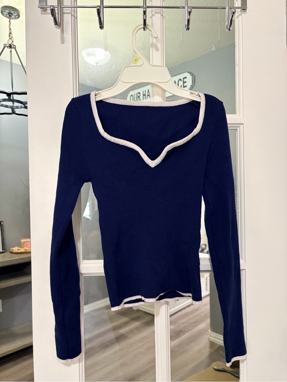 SHEIN Navy Ribbed Long-Sleeve Top with White Trim